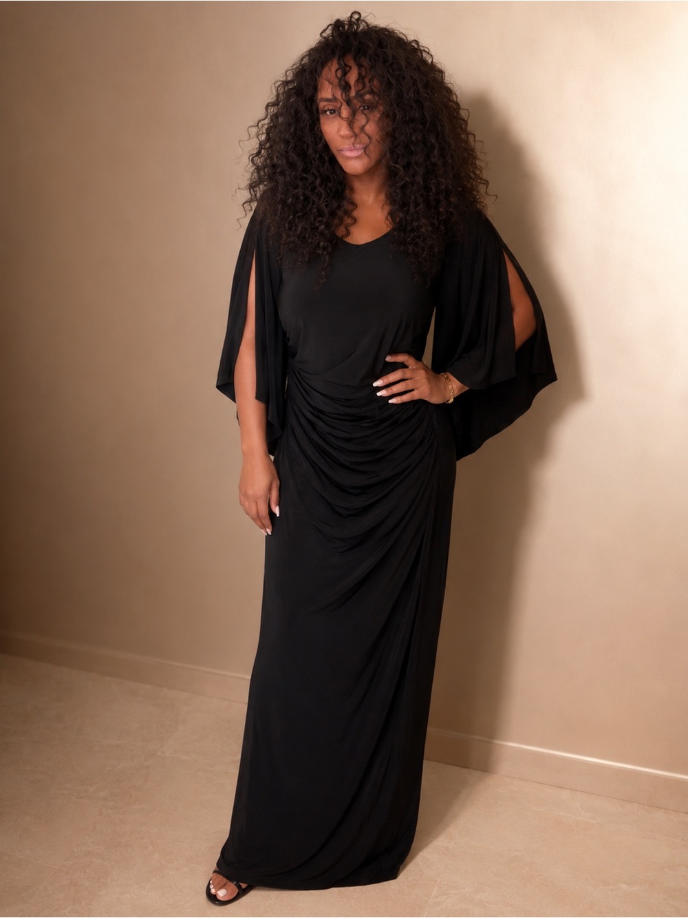 Sangria Black Draped Ruched Maxi Dress Size 12